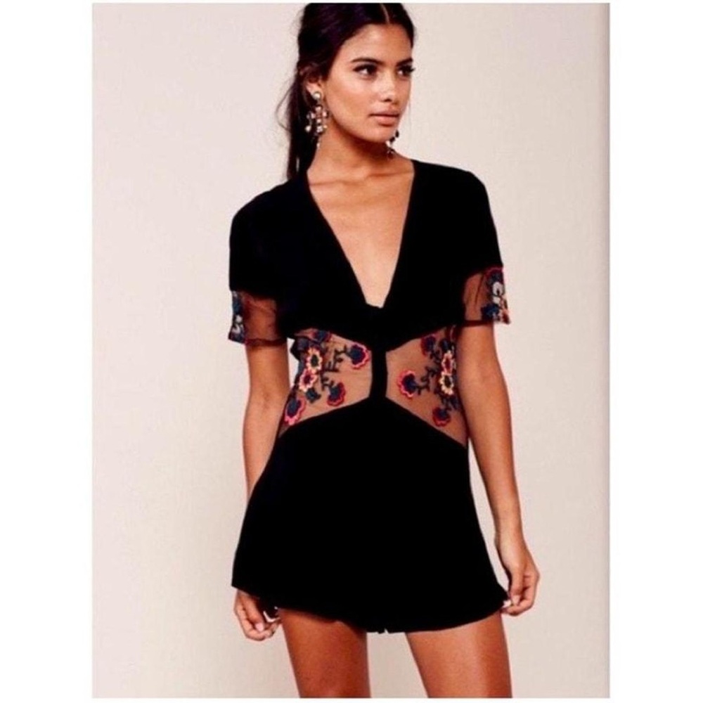 For love and lemons lace mesh flower embroidered black jumpsuit size s